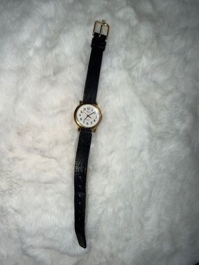 Classic Round Gold-Tone Watch with Black Leather Strap